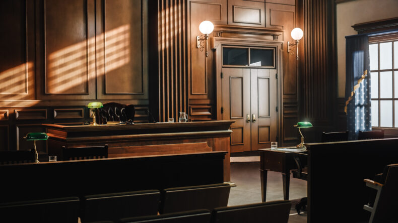 Inside a courtroom. 