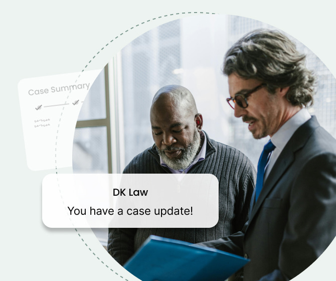 A lawyer in a suit reviews a document with a client, both standing by a window. A notification overlay reads, "DK Law — You have a case update!" with a faint case summary graphic in the background.