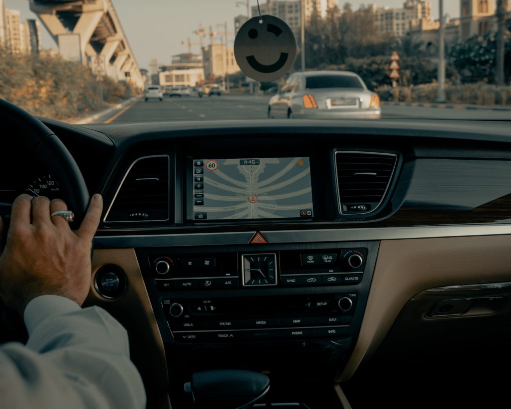 Inside a car showing navigation 
