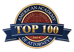 Badge reading 'American Academy of Attorneys, Top 100, 2025' with a scales of justice background.
