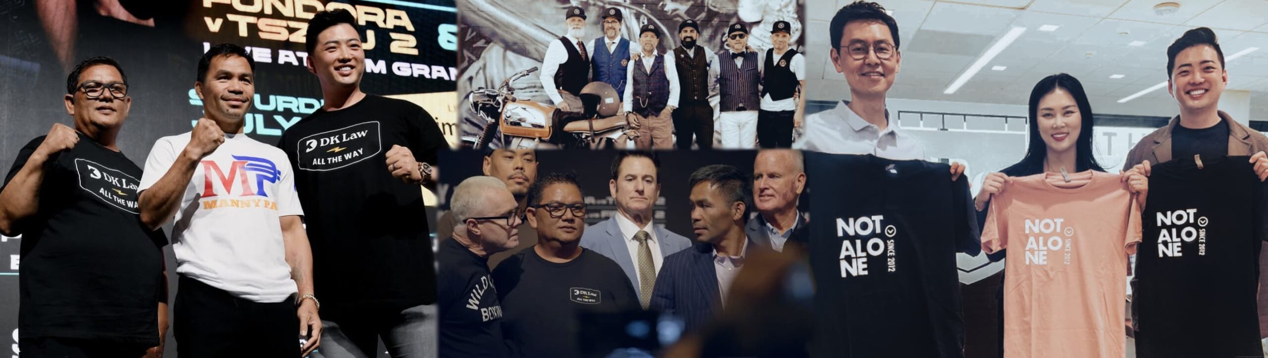 Group of people at events wearing and holding DK Law and Not Alone branded shirts.