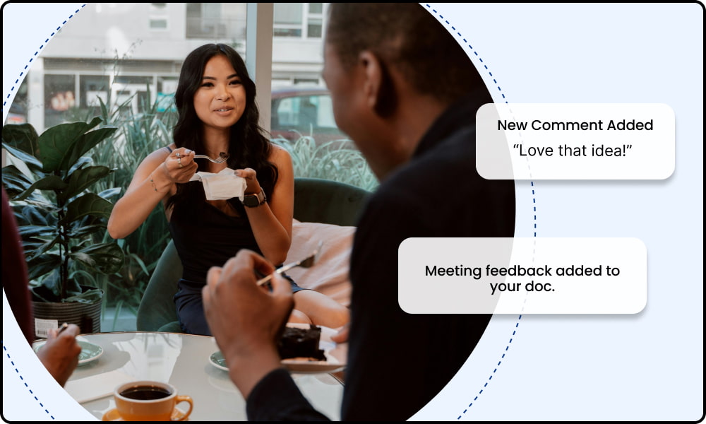 People sitting at a table talking and eating, with text bubbles reading 'New Comment Added: Love that idea!' and 'Meeting feedback added to your doc.
