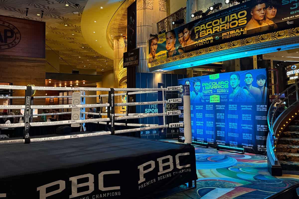 Close-up of a boxing ring with a banner that says Pacquiao vs. Barrios