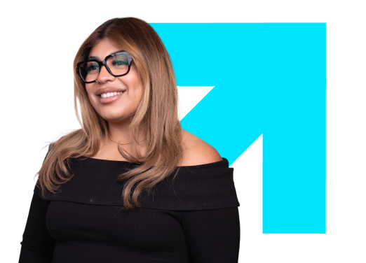 Individual with blonde hair and black shirt smiling with a bright blue arrow graphic in the back.