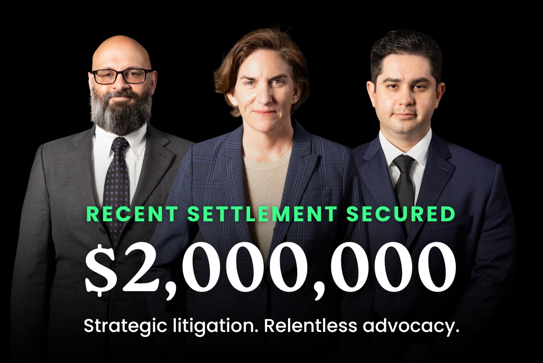 Attorneys: Issa Mikel, Greta Katz and Nick D'Agostino with text: Recent Settlement Secured: $2,000,000. DK Law logo.