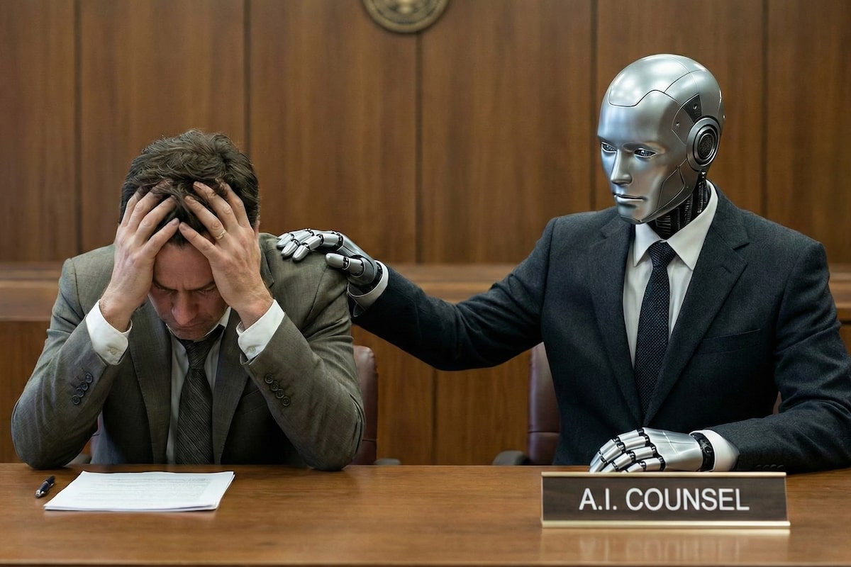 a robot "AI counsel" places its hand on a man's shoulder to conform him during a court trial.