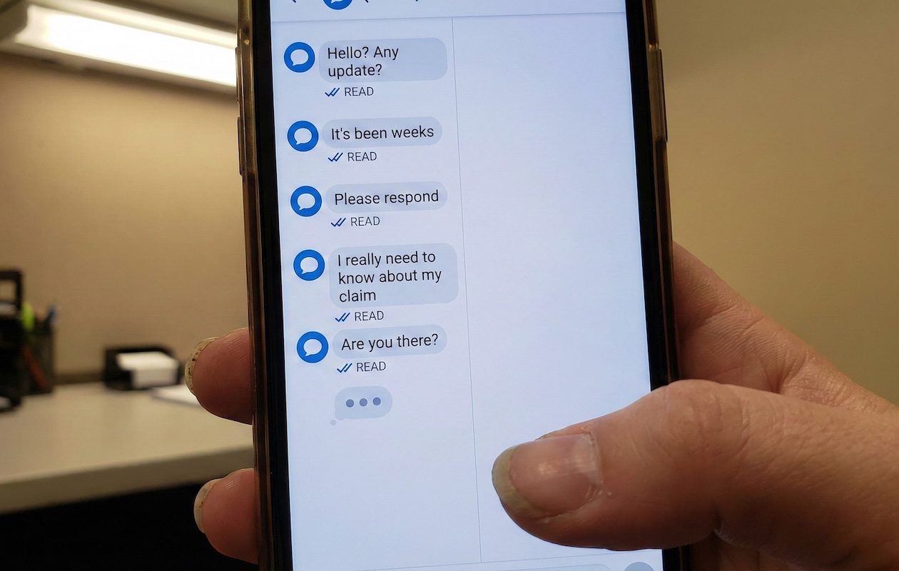 text correspondence on a smart phone between an accident victim and an unresponsive insurance company