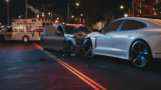 Car crash on the road. Ambulance in the back.