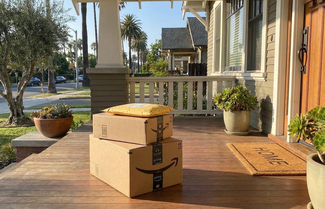 amazon packages sitting on a porch in front of a house in a residential neighborhood