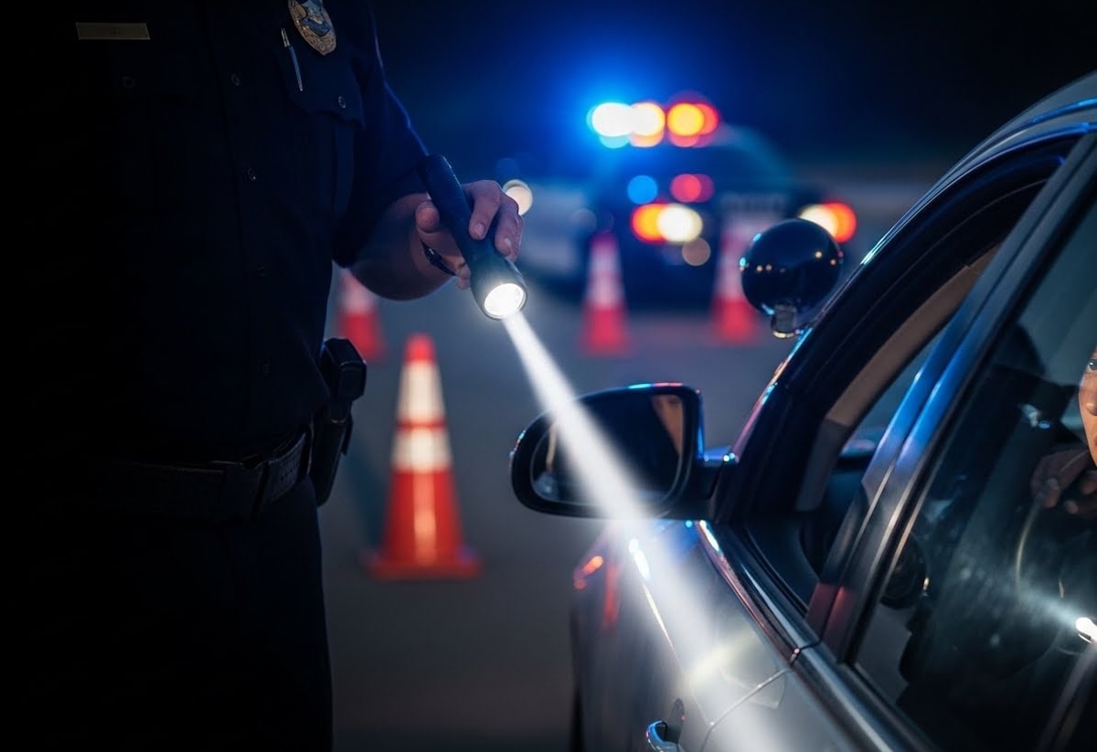 police officer approaching a vehicle at night while shining a flashlight, DUI checkpoint