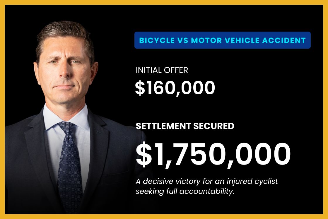 Attorney Matt Taylor with text: Bicycle vs Motor Vehicle Accident. Initial offer: $160,000. Settlement secured: $1,750,000. DK Law logo.