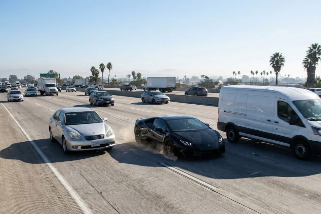 sports car speeding up to cut off another vehicle on a busy freeway