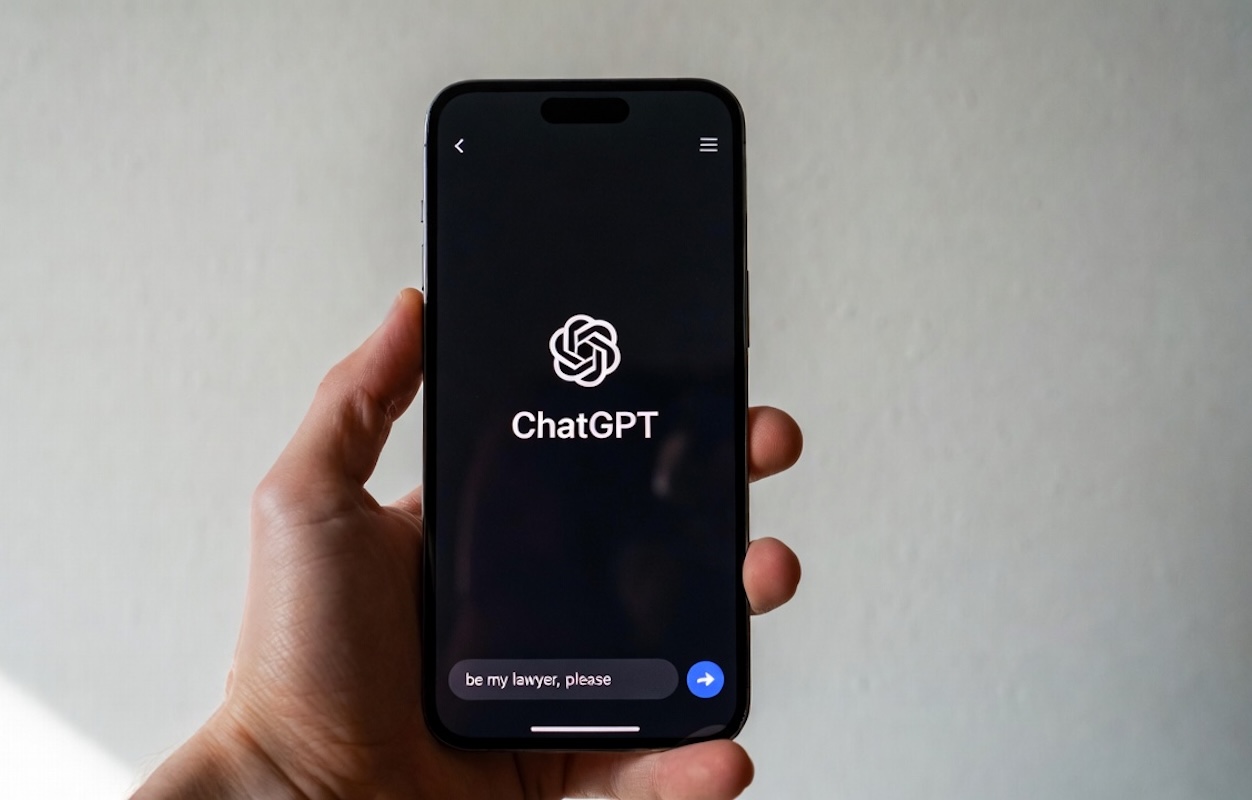 close-up of a smartphone screen with the ChatGPT app open. In the chat box, the following text is typed: "be my lawyer, please".