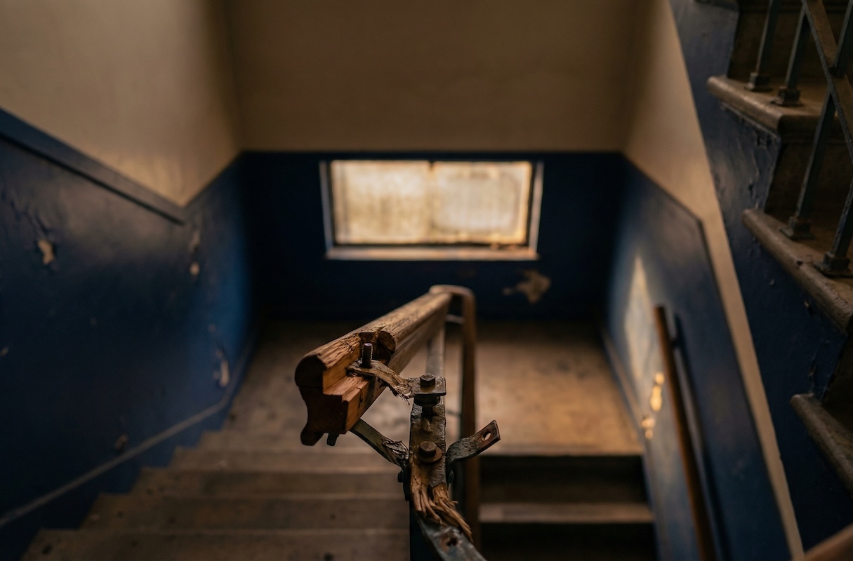 close-up image of a stairwell in a run-down apartment building
