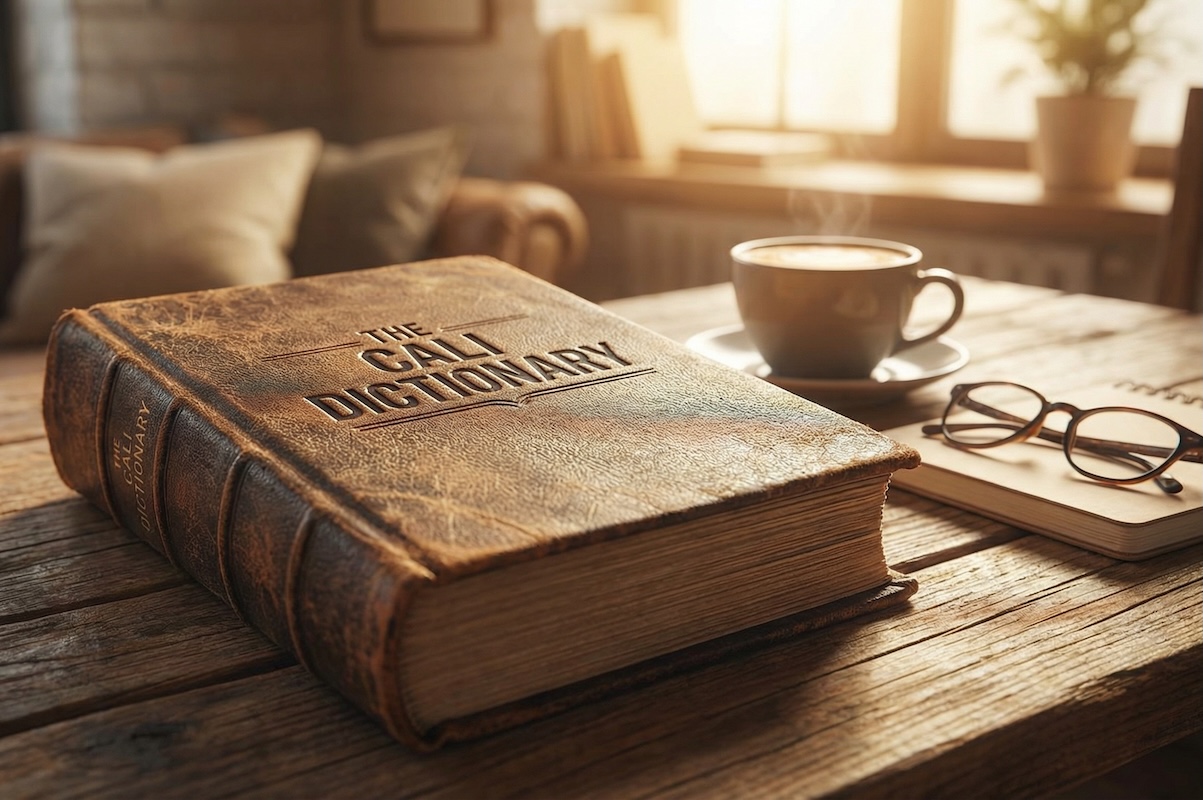 Close-up of a book that says "Cali Dictionary" next to a pair of classes and a mug with coffee