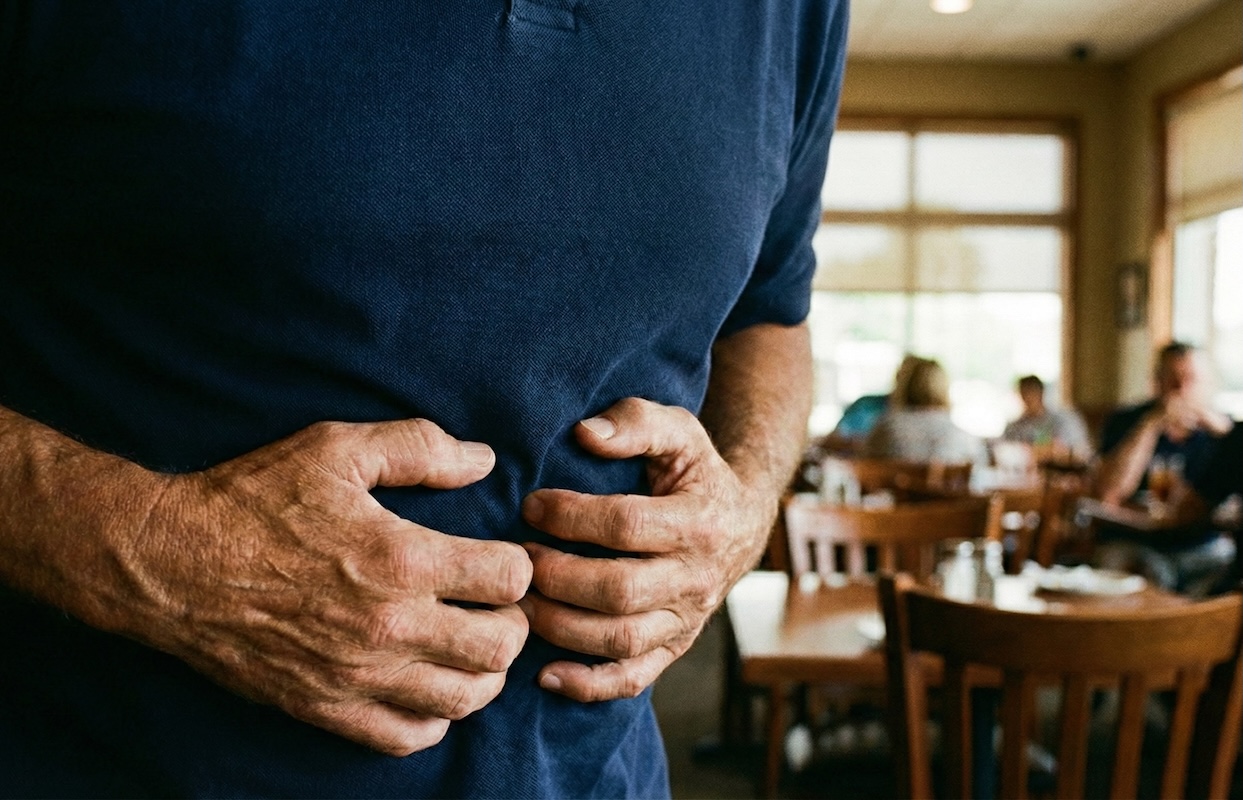 a close-up of a man grabbing his stomach in pain
