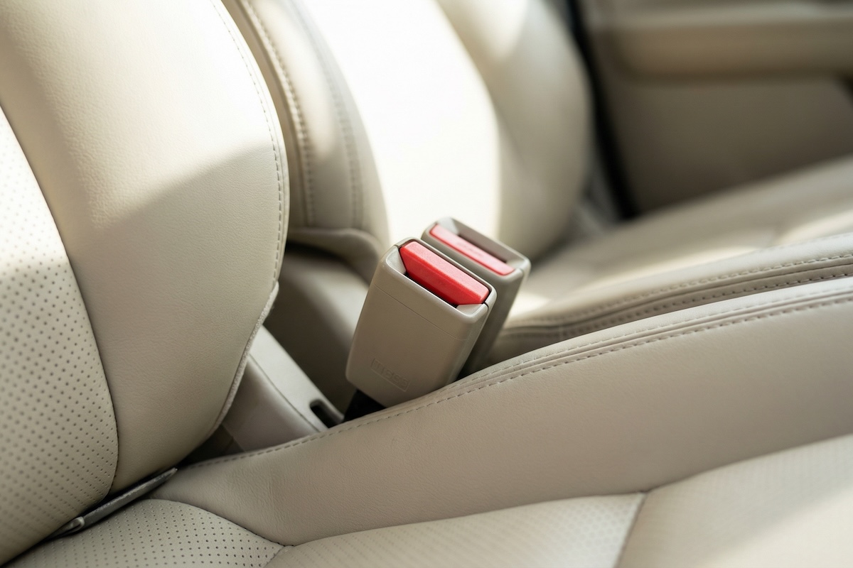 close-up of a seat belt buckle inside a vehicle with beige colored seats