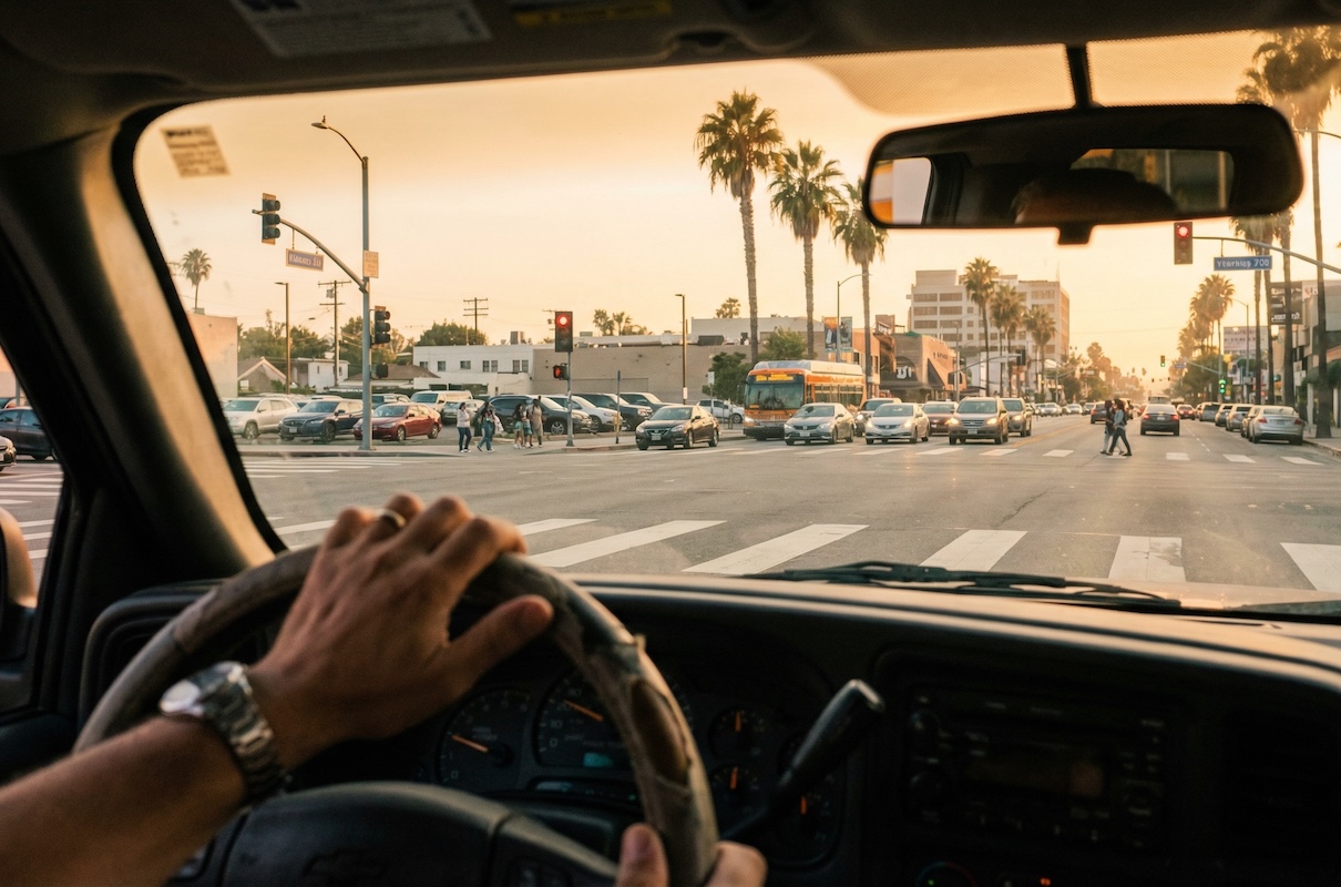 Close-up of a driver’s hands on the wheel as pedestrians cross a busy downtown Los Angeles intersection lined with palm trees.