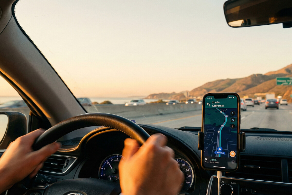 close-up of a person's hands on the wheel while using their cell phone for GPS