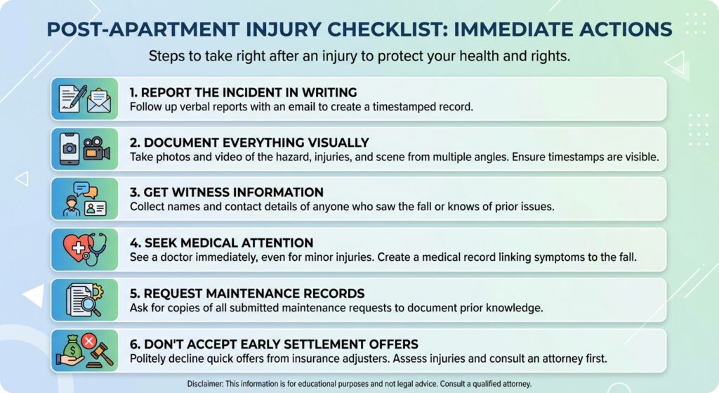an infographic of a post-apartment injury checklist that lists the immediate actions to take after an injury to protect your health and rights