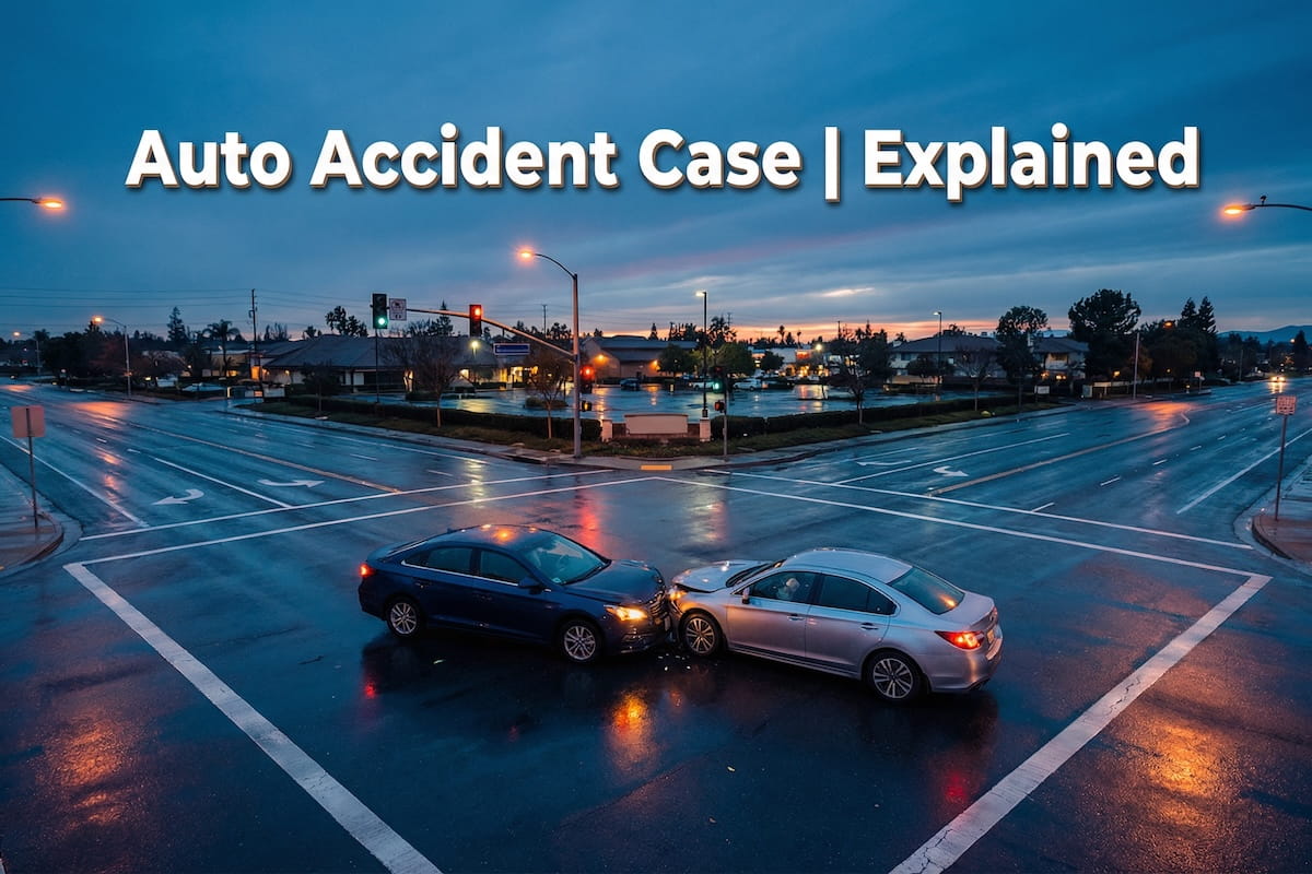 Two cars involved in a collision at a wet intersection during dusk, with traffic lights and street lights illuminating the rain-slicked road, overlaid with the text 'Auto Accident Case | Explained.