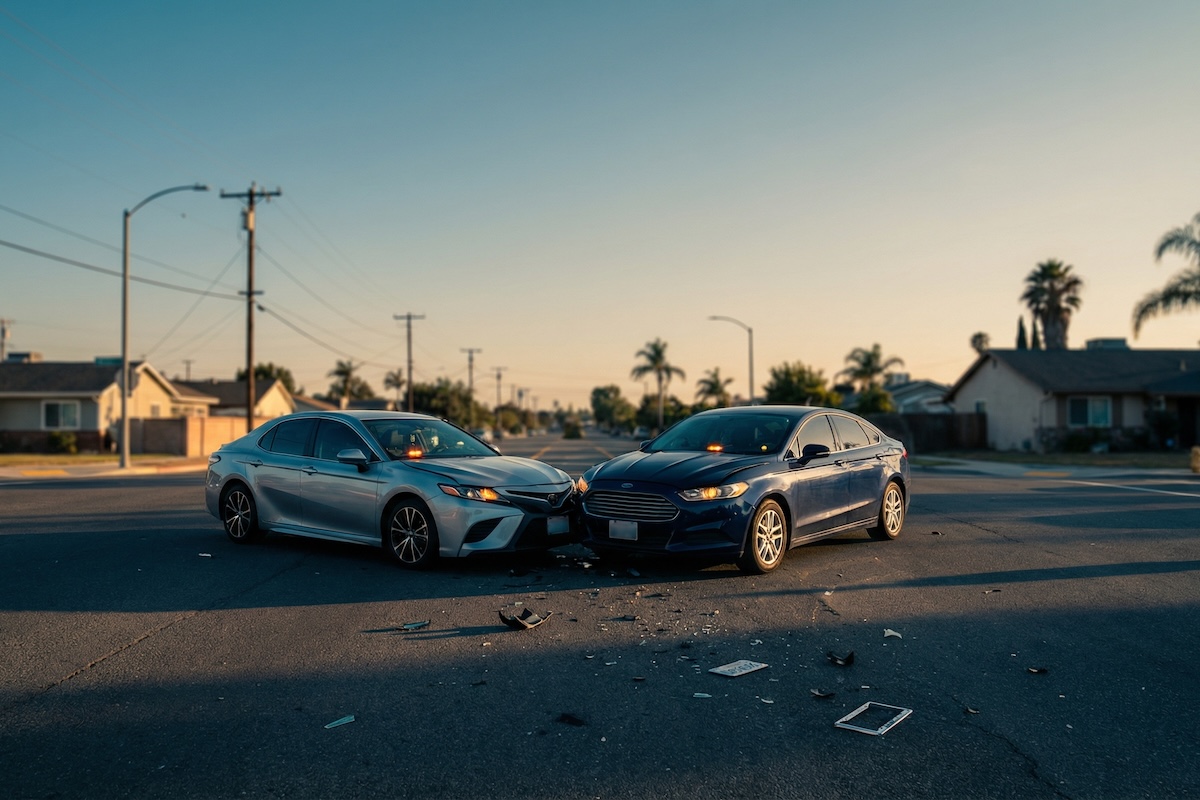 Two cars after a front-end collision on a Southern California residential street at dusk, with debris scattered across the intersection.