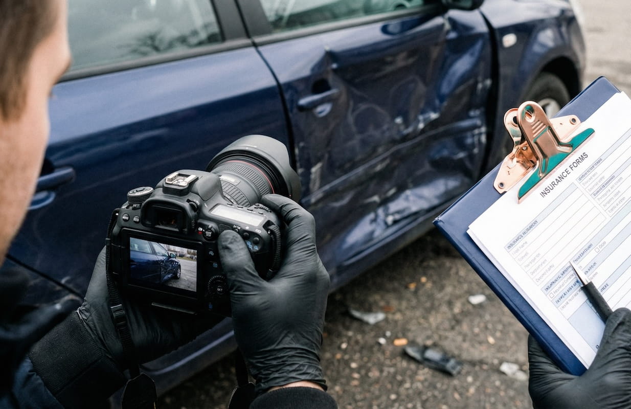 An insurance adjuster wearing black gloves photographs a damaged vehicle while holding a clipboard with insurance forms — documenting a car accident claim investigation.