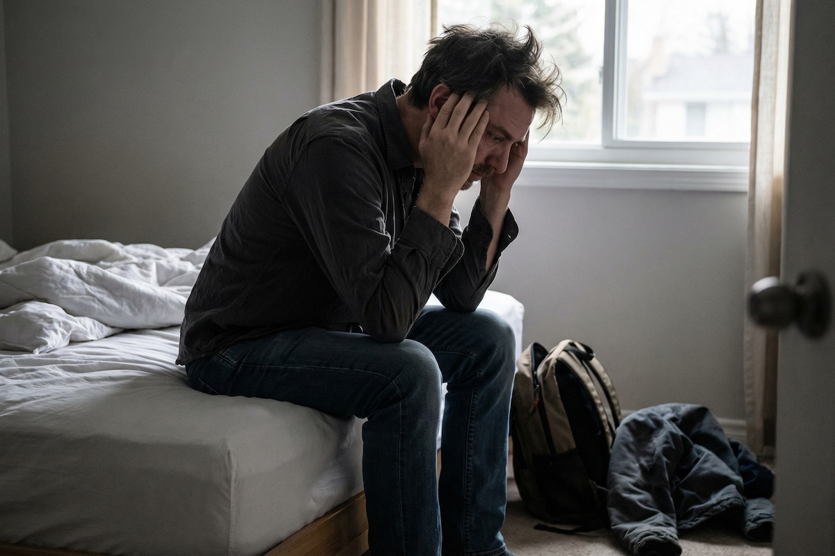 man sitting on a bed while holding his head in pain, man with a headache