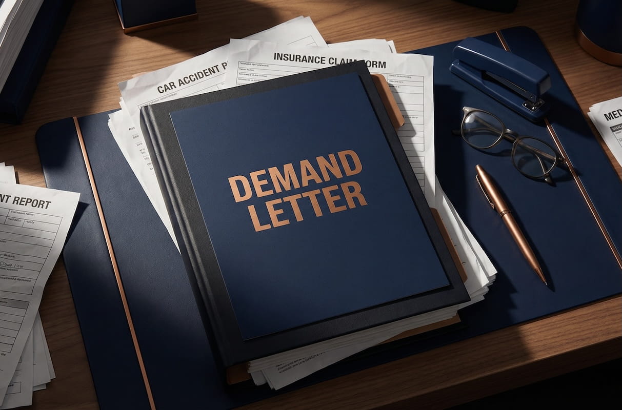 A professional demand letter binder resting on a desk alongside car accident reports, insurance claim forms, and medical documents — representing the personal injury claims process and legal documentation.