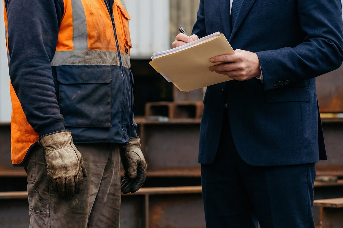A suited professional taking notes on a document folder while speaking with a construction worker in a dirty orange safety vest and work gloves at an industrial worksite.