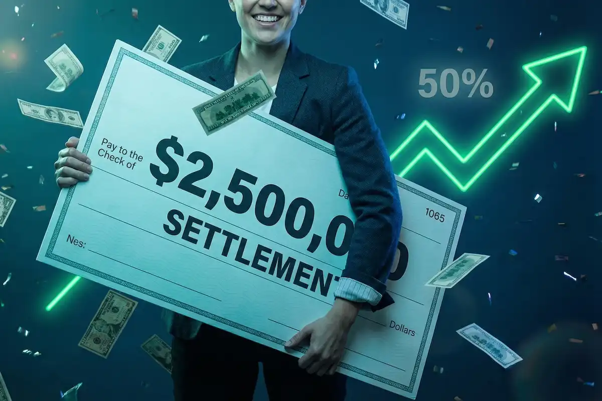 Close-up of a person holding an oversized settlement check that says "$2,500,000 Settlement"