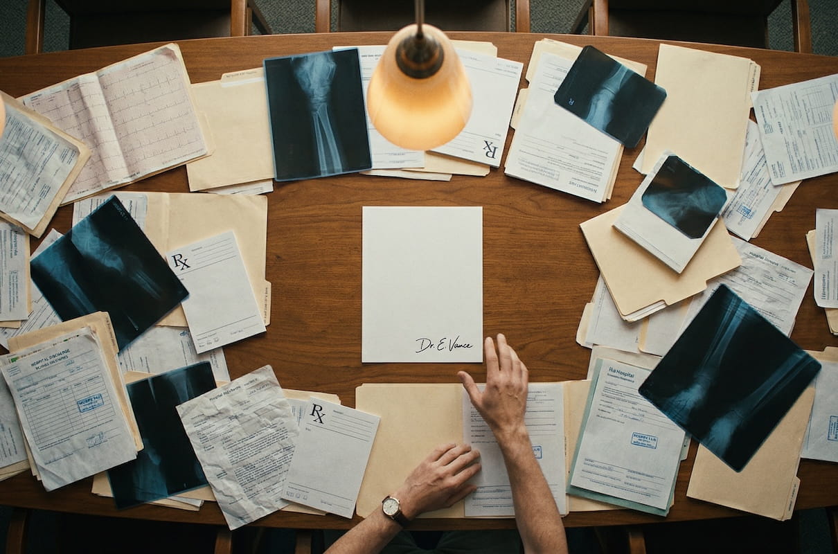 An overhead view of a wooden desk covered in medical records, X-rays, prescription forms, and hospital documents, with a person's hands reviewing paperwork beneath a hanging lamp.