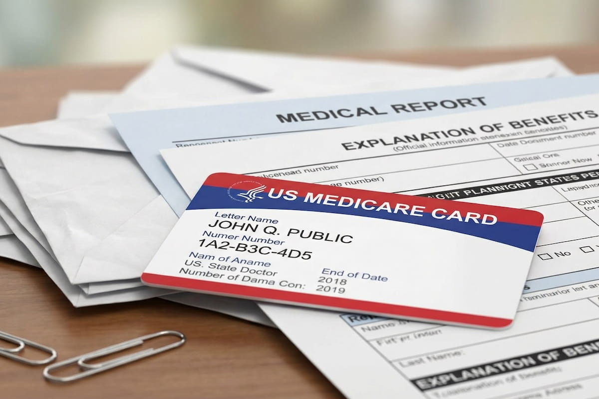 A US Medicare card resting on top of medical documents, including a Medical Report and an Explanation of Benefits form, on a wooden desk with paper clips nearby.