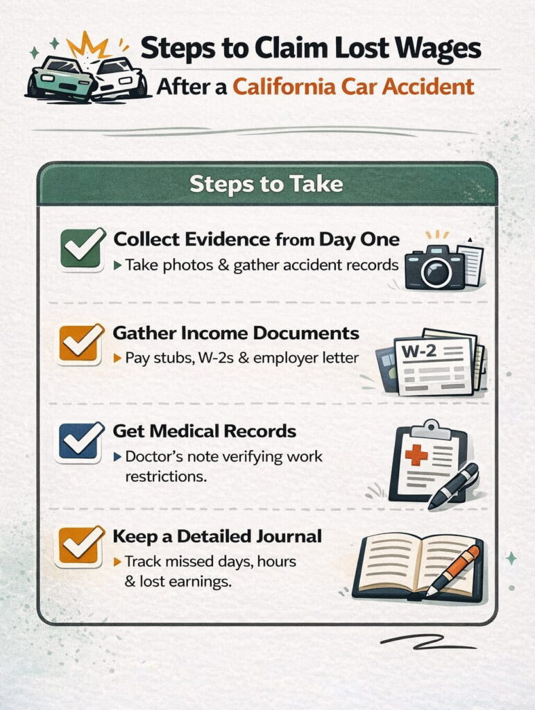 Infographic titled 'Steps to Claim Lost Wages After a California Car Accident' outlining four steps: (1) Collect Evidence from Day One — take photos and gather accident records; (2) Gather Income Documents — pay stubs, W-2s, and employer letter; (3) Get Medical Records — doctor's note verifying work restrictions; (4) Keep a Detailed Journal — track missed days, hours, and lost earnings.