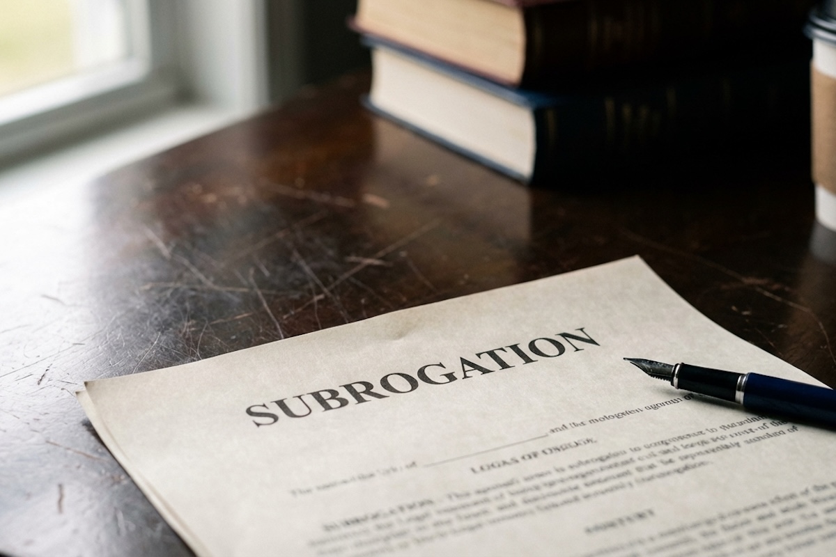 Close-up of a legal document titled “Subrogation” on a wooden desk, representing insurance claims, reimbursement rights, and personal injury settlements.