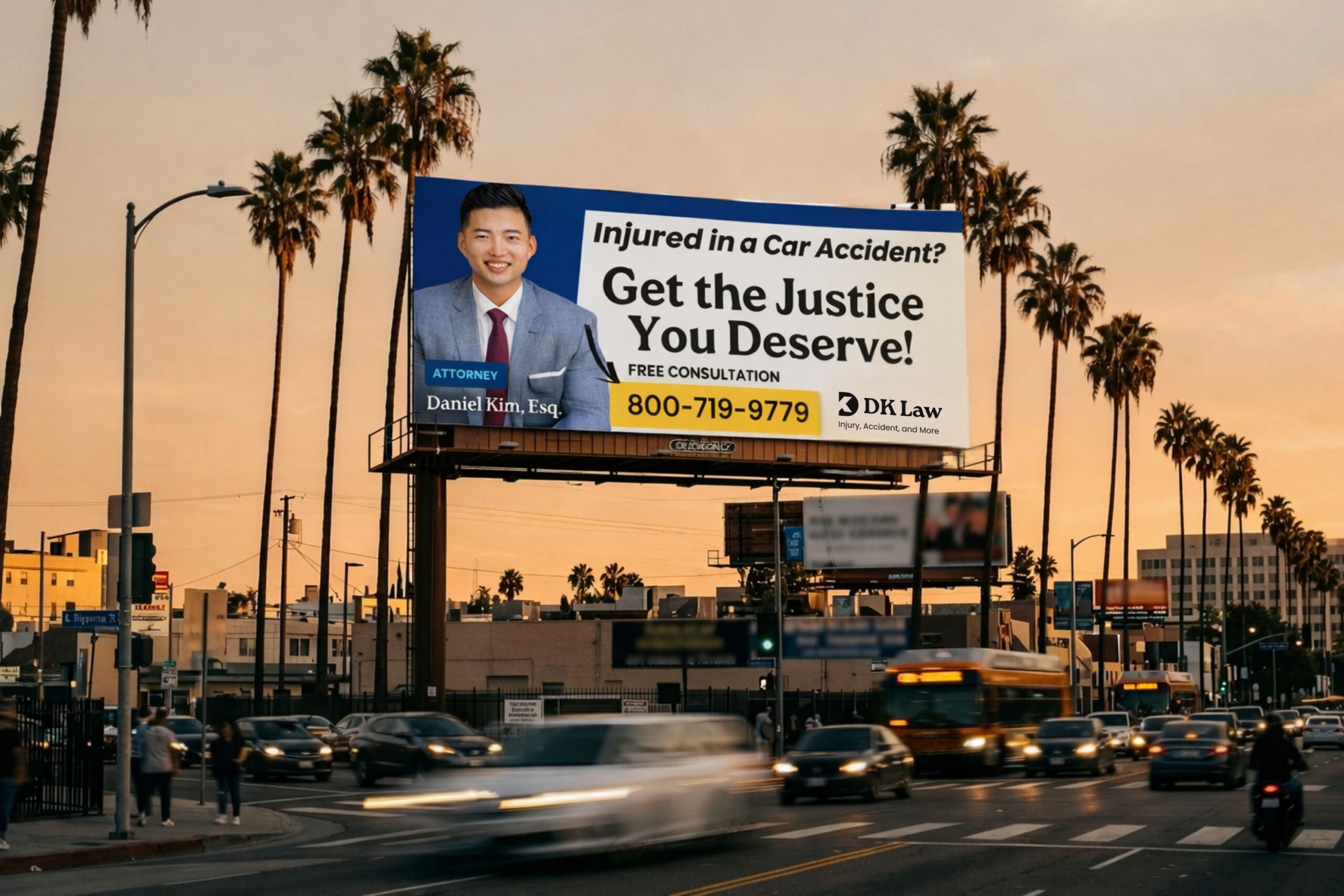 Billboard advertising DK Law featuring attorney Daniel Kim, Esq., reading 'Injured in a Car Accident? Get the Justice You Deserve! Free Consultation — 800-719-9779,' displayed against a sunset sky above a busy urban intersection lined with palm trees.