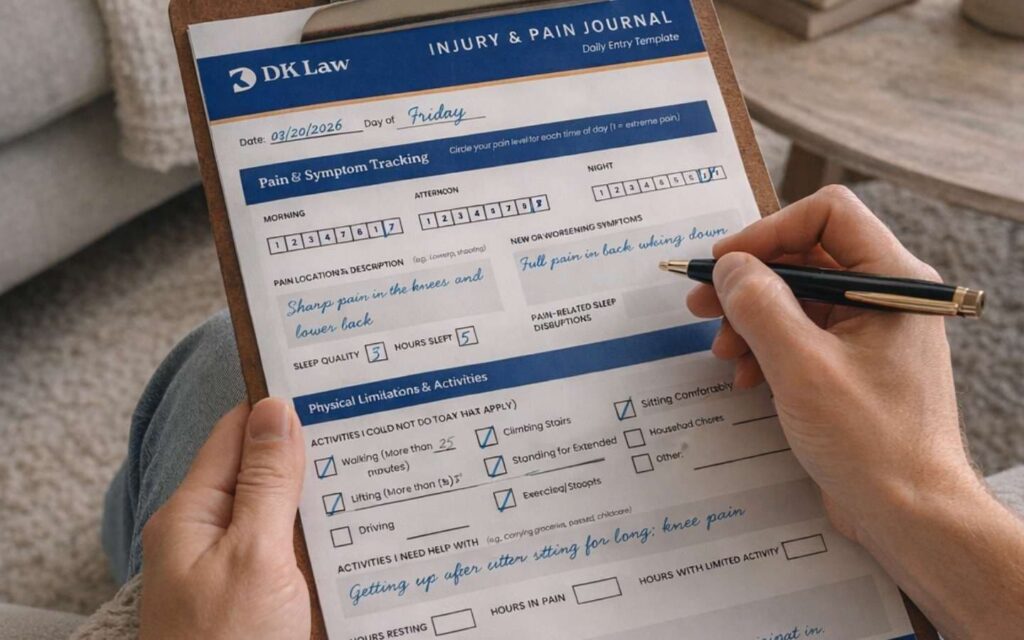 A person filling the DK Law Injury & Pain Journal.