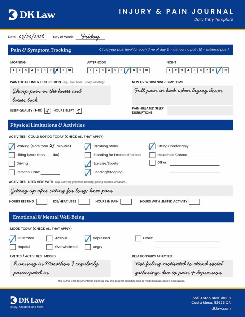 DK Law Pain & Injury Journal Filled Example
