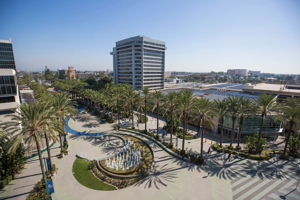 Elevated daytime view of the Anaheim, California skyline