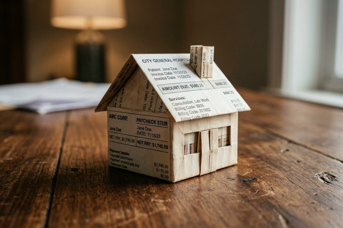 A miniature house built from medical bills and pay stubs, representing the financial burden of accident-related expenses.