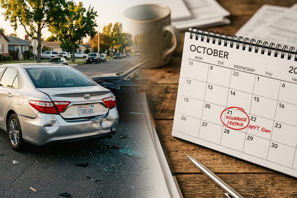 A split image showing a rear-end car accident with a damaged silver Toyota Camry on a residential street on the left, and an October calendar on a wooden desk with 'Insurance/Repair' circled in red on the 21st and an appointment noted for the 22nd, alongside a pen and coffee cup on the right.