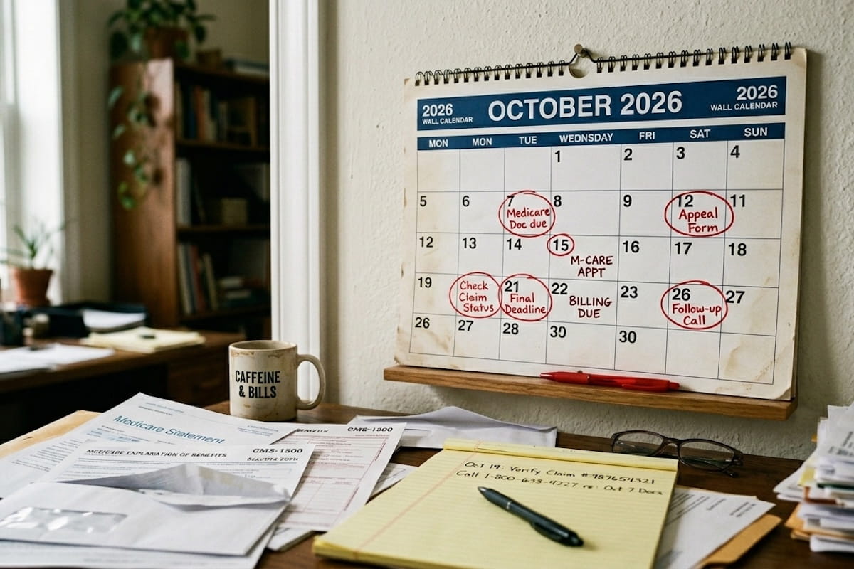 A cluttered desk with Medicare statements and billing documents, with a wall calendar showing Medicare lien deadlines, appeal dates, and follow-up calls circled in red.