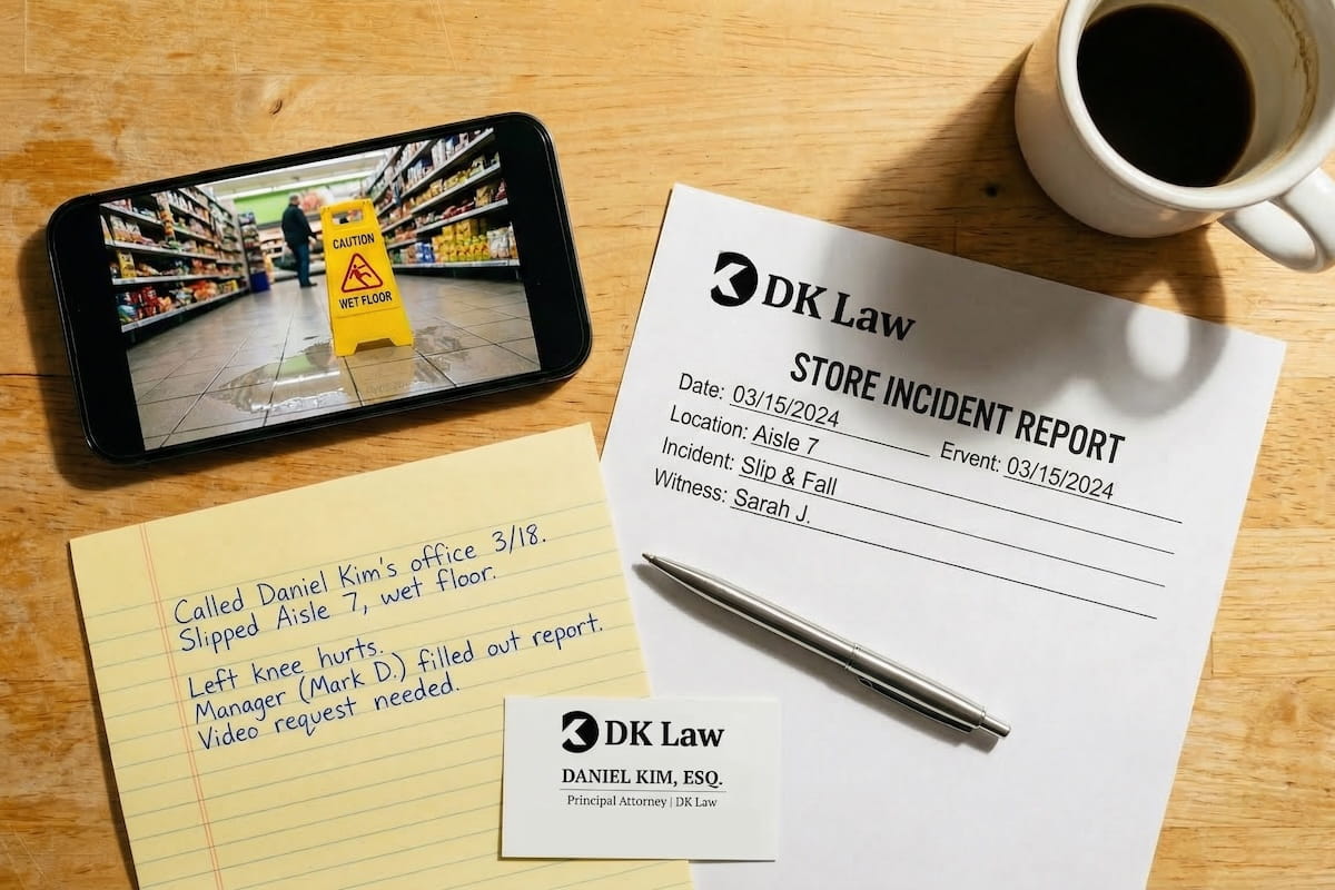 Slip and fall case documentation laid out on a wooden surface, featuring a store incident report dated 03/15/2024, personal injury notes referencing a wet floor accident, a business card for Attorney Daniel Kim, and a phone showing a wet floor caution sign.