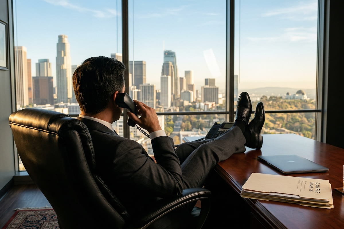 A suited insurance adjuster sits reclined in a leather office chair with feet on his desk, talking on the phone with a claim file visible on the desk, a laptop nearby, and the Los Angeles skyline visible through floor-to-ceiling windows in front of him.