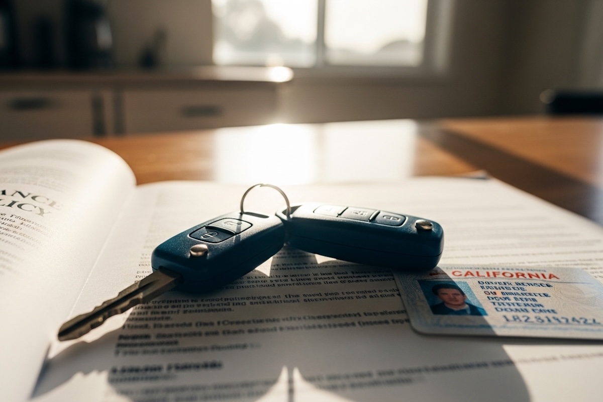 A set a car keys sitting on an insurance policy document and California driver's license.