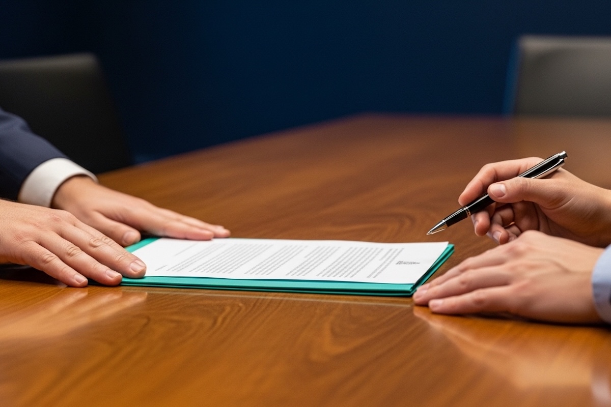 a personal injury client signing a legal document presented by a personal injury lawyer on a wooden table