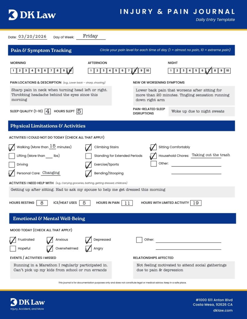 Injury & Pain Journal Filled example