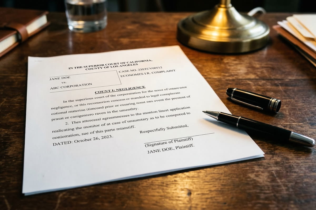 A legal complaint document on a wooden desk, with a pen and brass lamp, filed in the Superior Court of California, County of Los Angeles