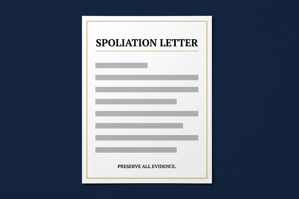 A formal spoliation letter document with redacted text lines, displayed against a navy blue background, with 'Preserve All Evidence' printed at the bottom and a gold border frame.