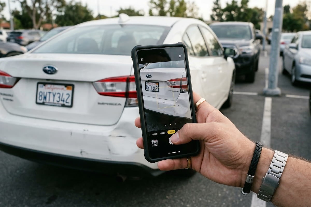 A person photographing a damaged white Subaru Impreza with a smartphone in a California parking lot after a fender-bender.